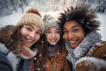tres jovenes amigas en la nieve haciéndose un selfie - obrazy, fototapety, plakaty