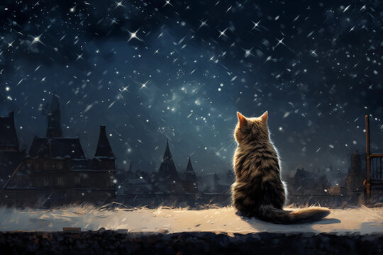 Vintage Cat Snowy Night Printable