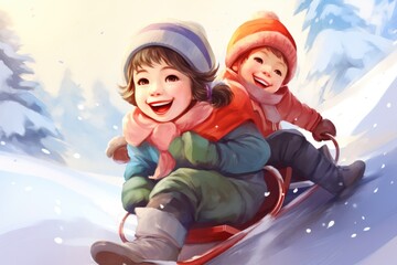 Snowy Laughter: Children Delight in Winter's Magic, Laughing and Playing with Joyful Abandon in the Snow.