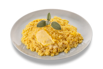Rice with saffron and cheese with sage leaves and melted cheese in white plate isolated