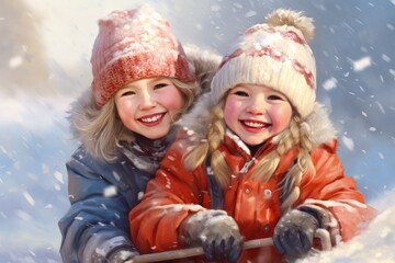 Snowy Laughter: Children Delight in Winter's Magic, Laughing and Playing with Joyful Abandon in the Snow.