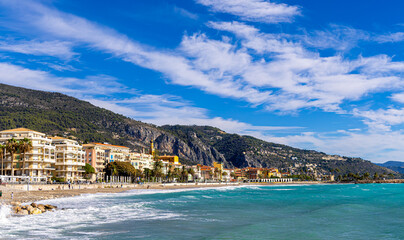 Fototapeta premium View of Menton, a town on the French Riviera in southeast France known for beaches and the Serre de la Madone garden