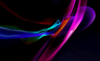 Illustration of a dark background with abstract transparent colorful backlit textured shapes with effects