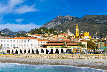 View of Menton, a town on the French Riviera in southeast France known for beaches and the Serre de...