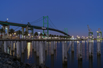 Port of Los Angeles dusk view, including the Vincent Thomas bridge in the background, shown in 2016.