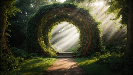 sunlit portal of vines and leaves in a path through forest