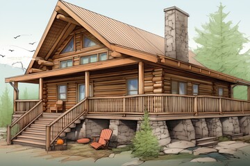 full view of log cabin highlighting exterior texture and balcony, magazine style illustration