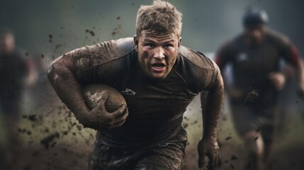 A rugby player covered in mud, running with a ball during a game.