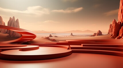 Abstract background with red waves and round podium.