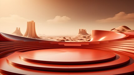 Abstract background with red waves and round podium.