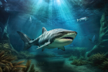 A shark with an open mouth swims underwater, generative AI.