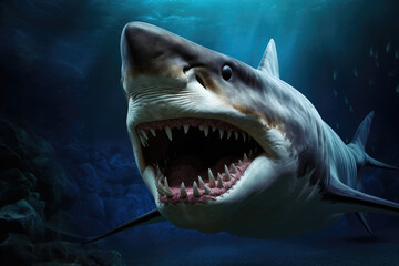 A shark with an open mouth swims underwater, generative AI.