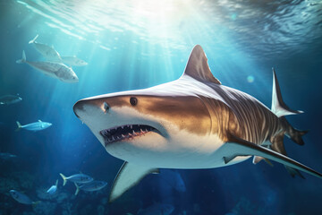 A shark with an open mouth swims underwater, generative AI.