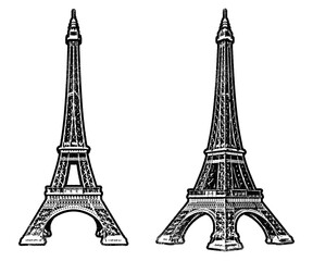 Eiffel tower retro stencil illustration stamps with distressed grunge texture isolated on transparent background
