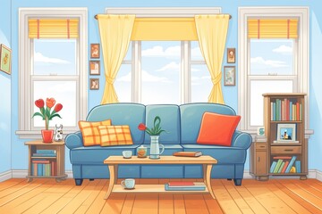 inside view of a bay window with couch beneath, magazine style illustration