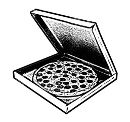 Open delivery pizza box retro stencil illustration stamp with distressed grunge texture isolated on transparent background