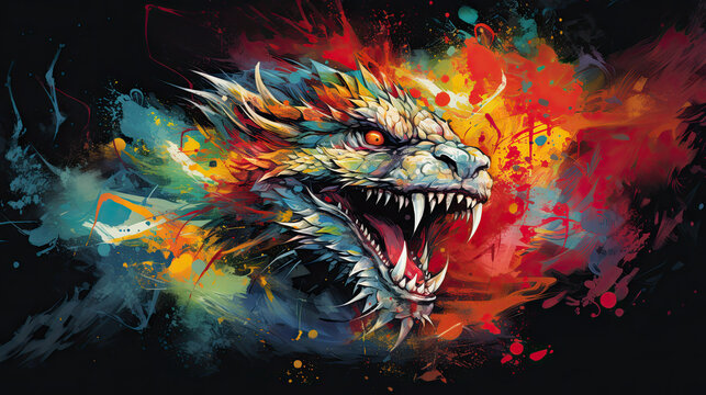 Colorful Asian dragon, aerosol paint technique