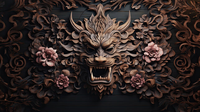 Intricate Asian dragon, wood carving technique