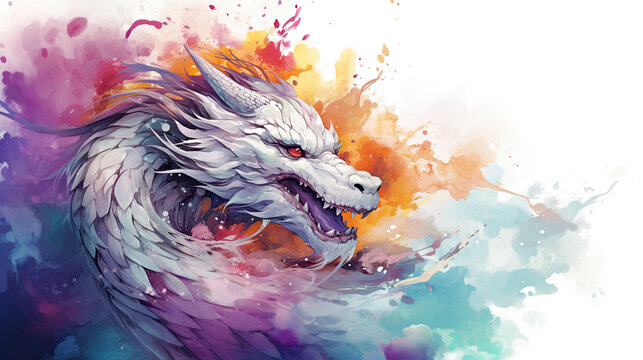 Festive Asian dragon, watercolor, copy space