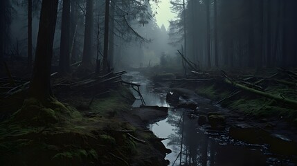 Mysterious dark forest with a small river flowing through it.