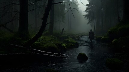 Mysterious dark forest with a small river flowing through it.