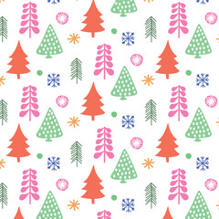 New Year seamless pattern with fir trees and snowflakes. Christmas packaging design, background. Pattern in samples.