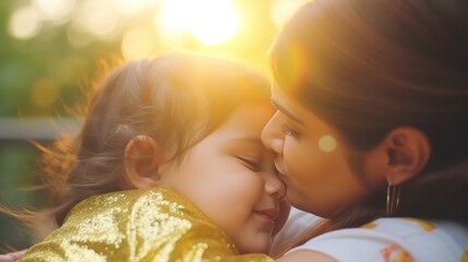 A mother and her child sharing a tender kiss under the warm sunlight.