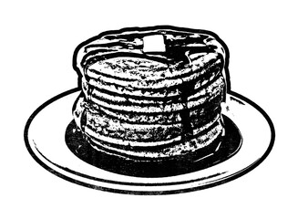 Stack of pancakes retro stencil illustration stamp with distressed grunge texture isolated on transparent background