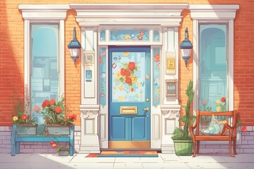 front door of victorian house with decorative surround, magazine style illustration