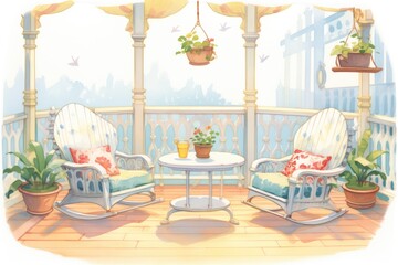 victorian porch furniture under morning dew, magazine style illustration