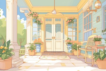 victorian house porch outlined by garden path, magazine style illustration