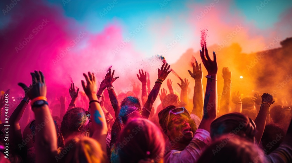 Poster People with colorful Holil powder in their hands at a festival, AI