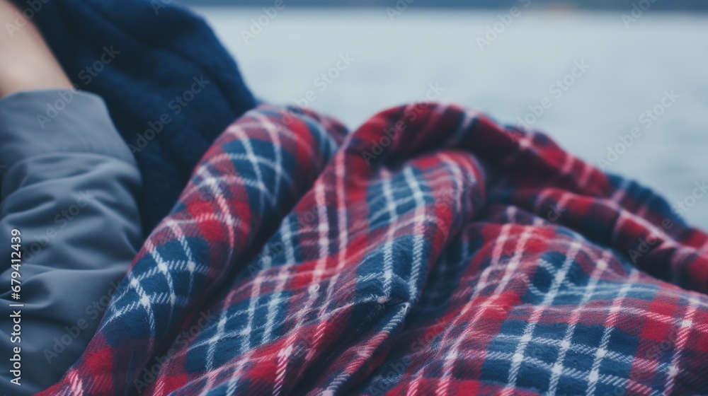 Poster A woman wrapped in a blanket sitting on the shore, AI