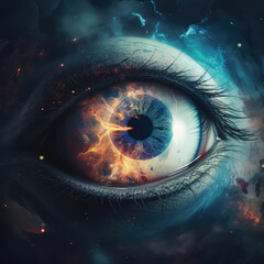 Human eye and space. Big eye with flame inside pupil and black eyelashes. Blue mystique galaxy...