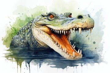 Obraz premium watercolor Crocodile, alligator tropical animal drawing by watercolor