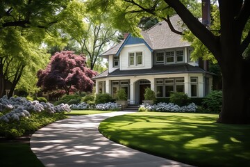 Beautiful home in the park with blooming trees in the background