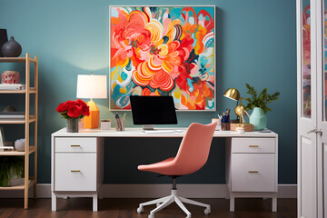 A vibrant home office with colorful wall art a bright desk chair and an array of office supplies.