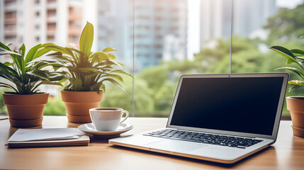 A well-organized desk with a laptop a cup of coffee and a potted plant with a window view in the background. - obrazy, fototapety, plakaty