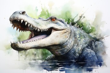 Obraz premium watercolor Crocodile, alligator tropical animal drawing by watercolor