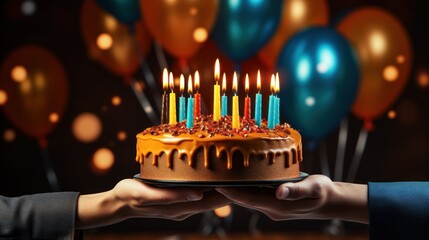 Hands holding a birthday cake with candles, AI - Powered by Adobe