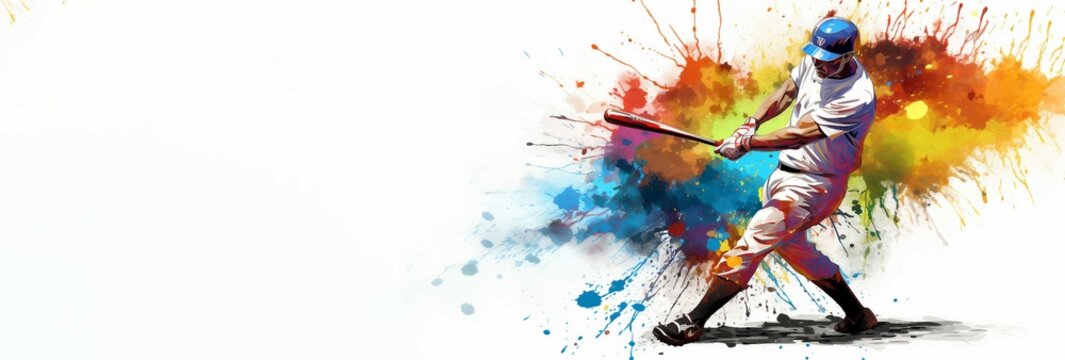 illustration of a Baseball player with bat covered in multicolored paint splash isolated on white background  with copy space .sport splashes.
