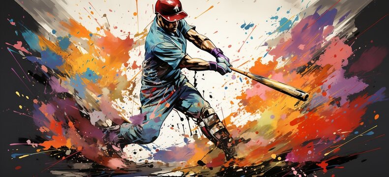 illustration of a Baseball player with bat covered in multicolored paint splashes.sport splash.
