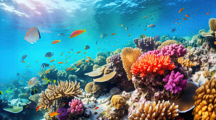 Fototapeta na wymiar Diverse soft corals and a shoal of fish in a tropical reef.