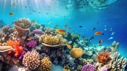 Obraz na płótnie Canvas Diverse soft corals and a shoal of fish in a tropical reef.