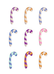 Sugar sticks of different colors set. Striped Christmas sticks. Candies. Decoration and food. Vector illustration