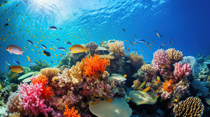 Naklejka na ściany i meble Diverse soft corals and a shoal of fish in a tropical reef.