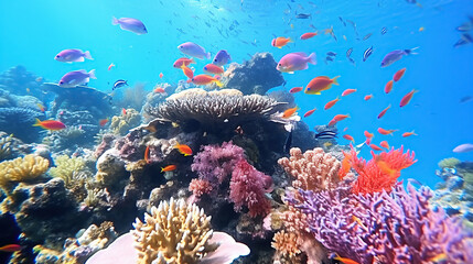 Diverse soft corals and a shoal of fish in a tropical reef.