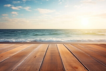wooden floor with beautiful blue sky and beach scenery for background
