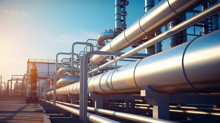 Pipeline and pipe rack of petroleum, chemical, hydrogen or ammonia industrial plant. Industrial zone Close up.