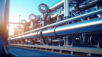 Pipeline and pipe rack of petroleum, chemical, hydrogen or ammonia industrial plant. Industrial zone Close up. - obrazy, fototapety, plakaty